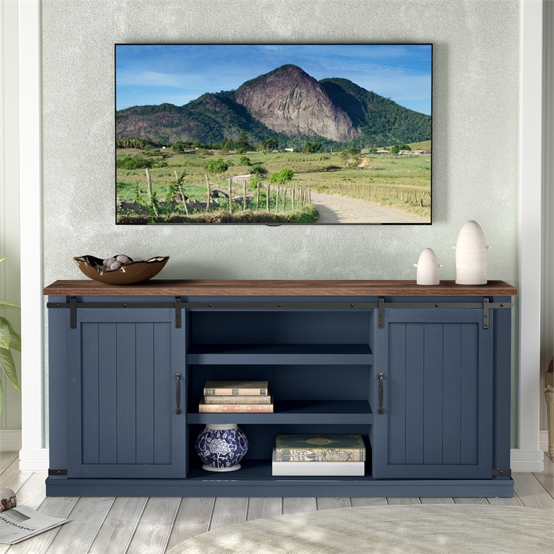 LIVILAND 68 in. TV Media Stand for TV up to 75 in. Navy w/ Walnut Color Desktop