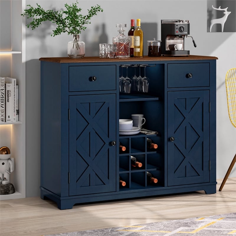 LIVILAND 47 in. Wood Bar Cabinet w/ Brushed Nickel Knobs - Navy Blue