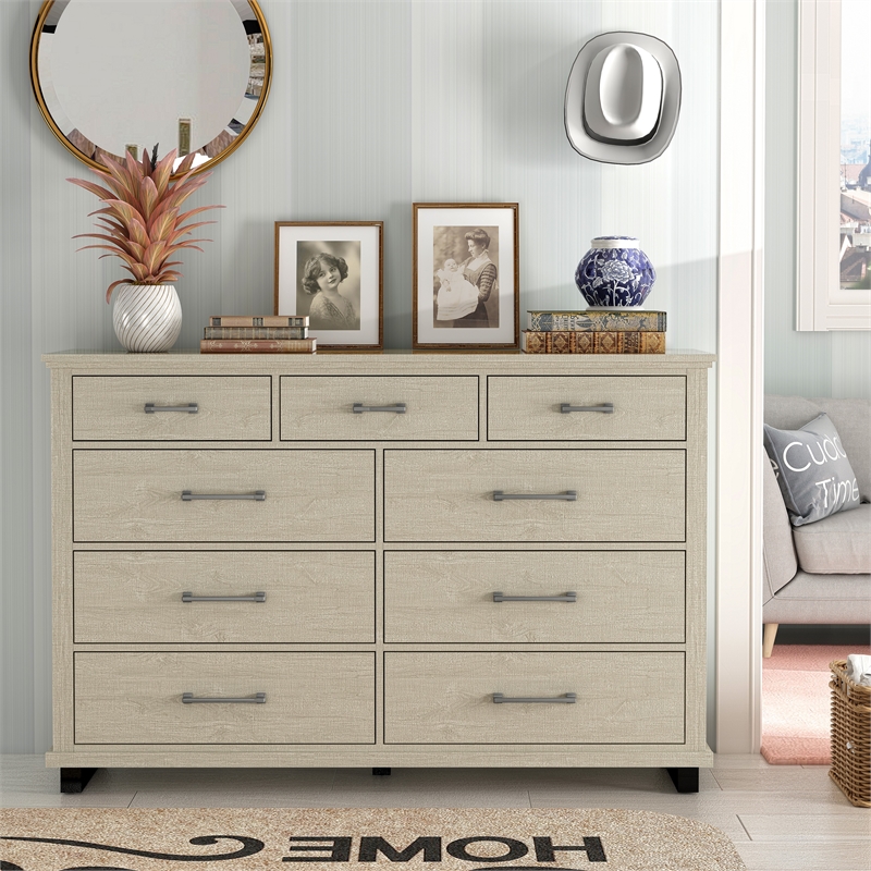 LIVILAND 64 in. Wide Wood 9-Drawer Double Dresser - Beige