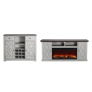 LIVILAND 2-piece Set of 68&quot TV Stand w Fireplace & 47&quot Wine Cabinet - Off White