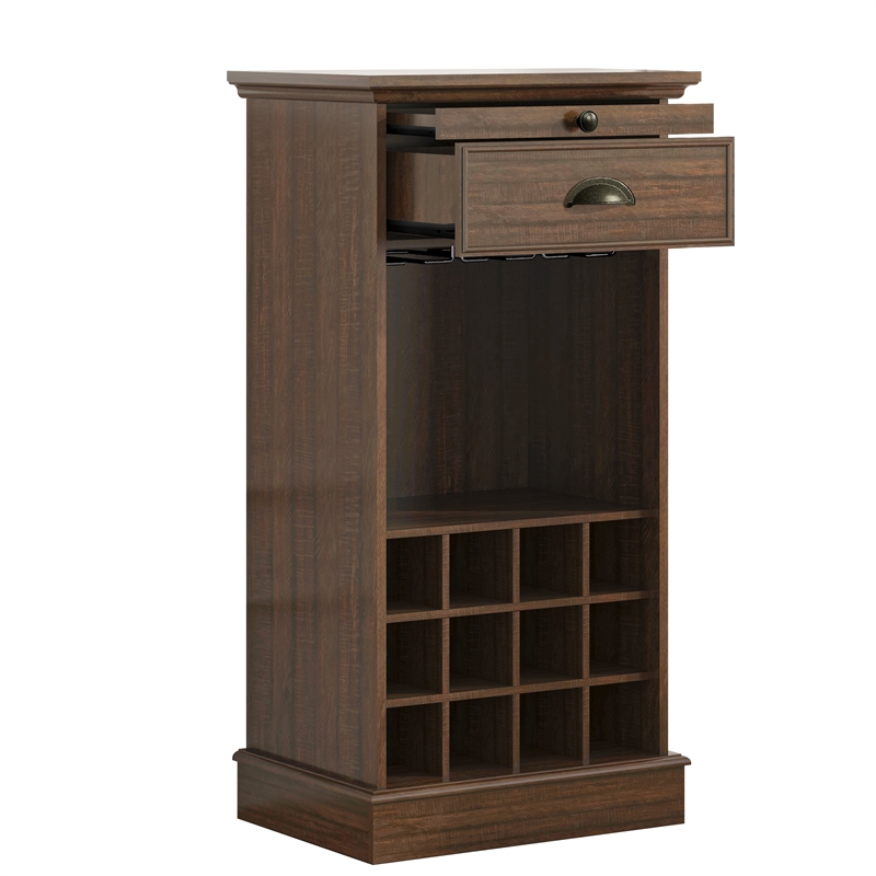 LIVILAND Wine Cabinet w/Metal Glass Holder & Lattice Rack in Dark Wood