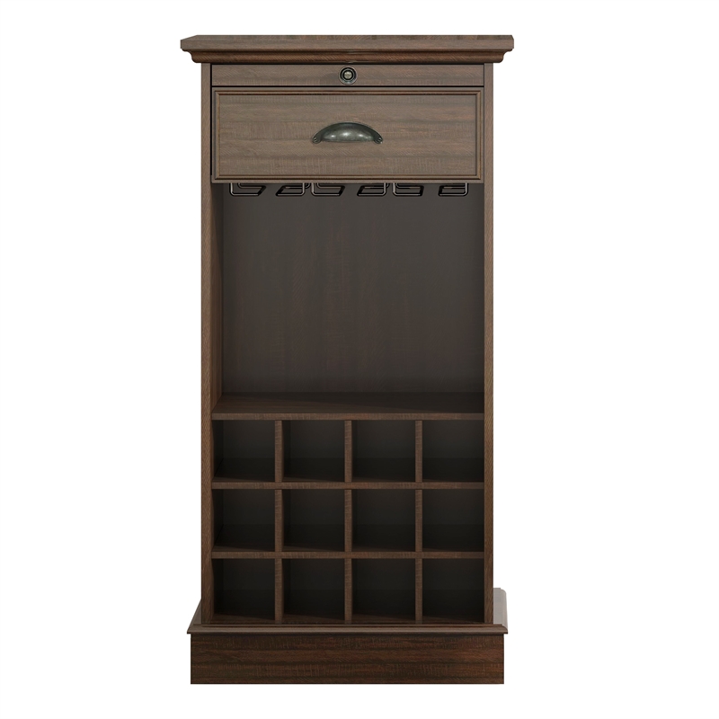 LIVILAND Wine Cabinet w/Metal Glass Holder & Lattice Rack in Dark Wood