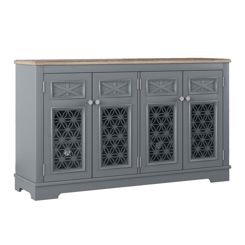 Farmhouse Buffet Cabinet with Glass Doors and Adjustable Shelves - Gray