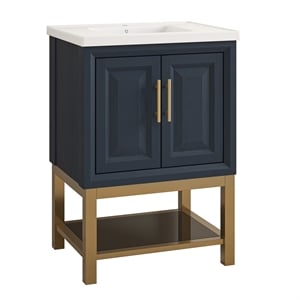 24&quot Freestanding Vanity with Ceramic Sink & Cabinet & Bottom Glass Shelf - Navy