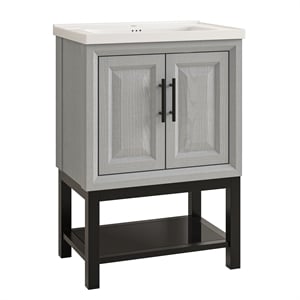 24&quot Freestanding Vanity with Ceramic Sink & Cabinet & Bottom Glass Shelf - Grey
