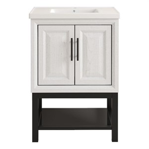 24&quot Freestanding Vanity with Ceramic Sink & Cabinet & Bottom Glass Shelf - White