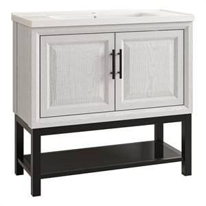 36&quot Freestanding Vanity with Ceramic Sink & Cabinet & Bottom Glass Shelf - White