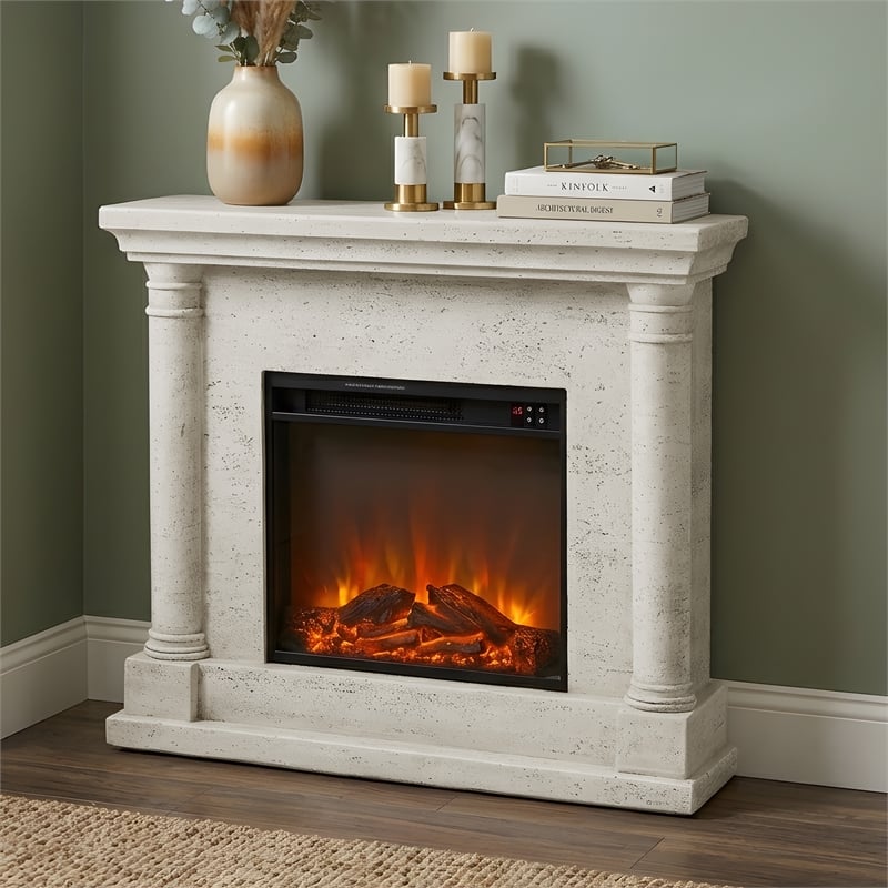 LIVILIAND 44.5 in. Freestanding Electric Fireplace - Ivory Travertine