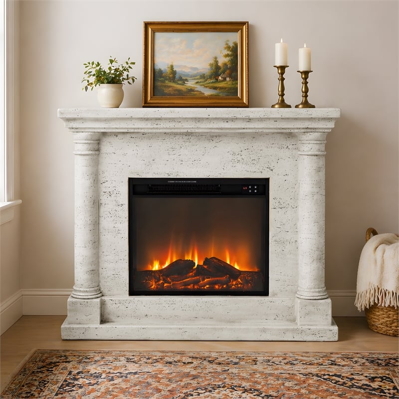 LIVILIAND 44.5 in. Freestanding Electric Fireplace - Ivory Travertine