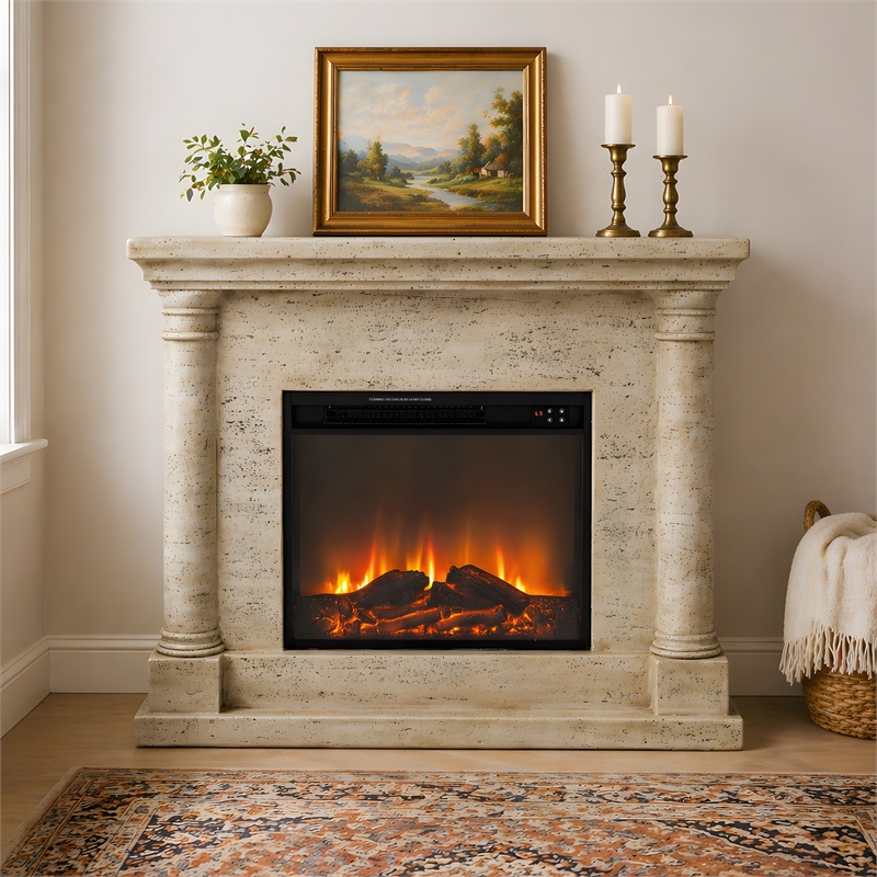 LIVILIAND 44.5 in. Freestanding Electric Fireplace - Sahara Travertine