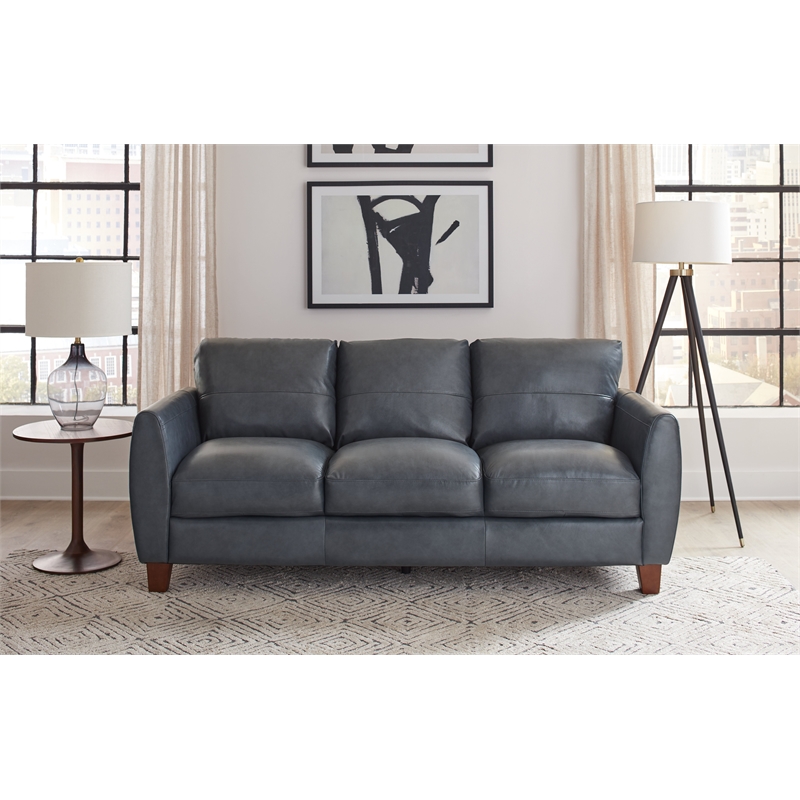 Leather Lusso Bayliss Contemporary Genuine Leather & Hardwood Sofa in Blue