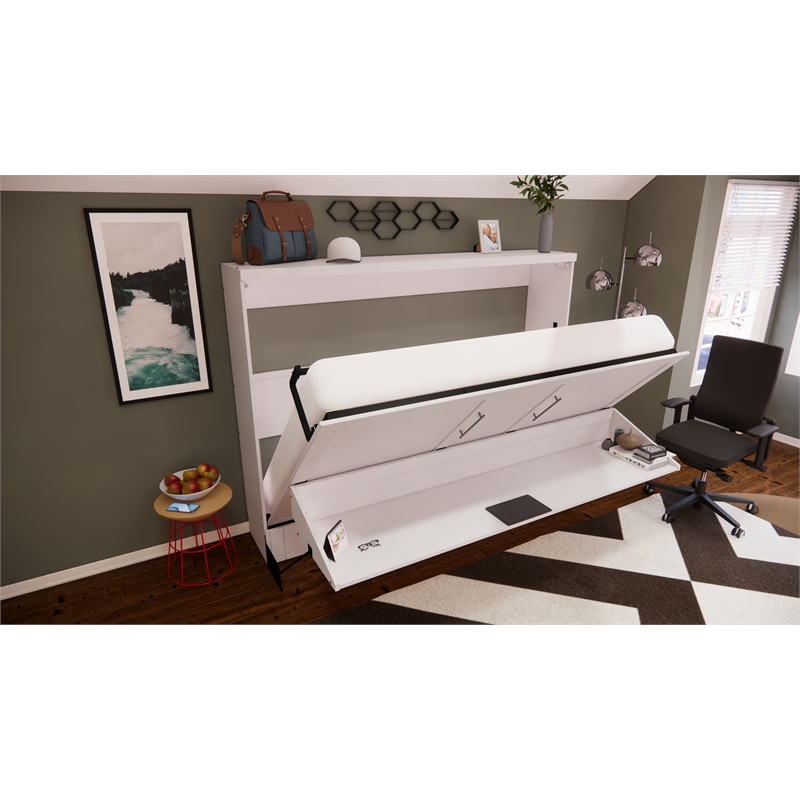 RoomAndLoft Queen Size Murphy Wall Desk Bed In White Solid Wood - Easy ...