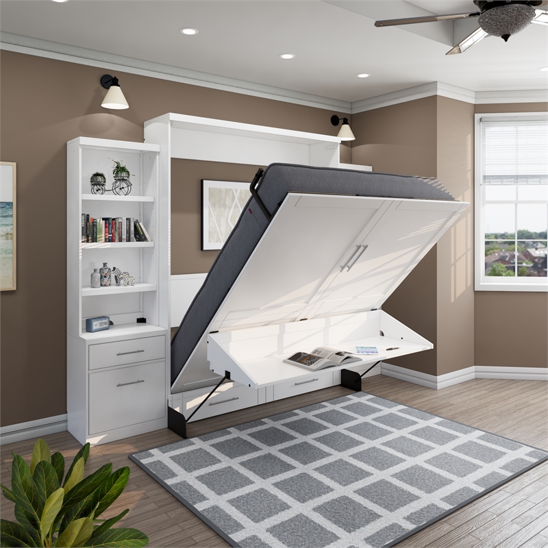 RoomAndLoft Queen Size Murphy Wall Bed with Shelf Storage in White Solid Wood Homesquare