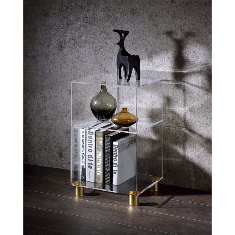 Fox Hill Trading Pure Decor Lucite and Acrylic End Table w/ 4 Gold Legs in Clear