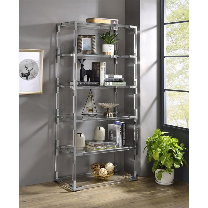 Fox Hill Trading Pure Decor Lucite Acrylic Bookcase with 6 Shelf in Clear/Chrome