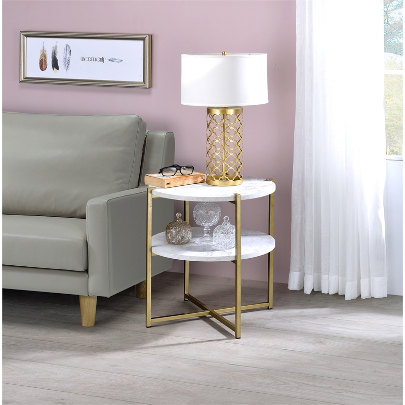 Fox Hill Trading Millenial Round Wood and Metal End Table in Gold