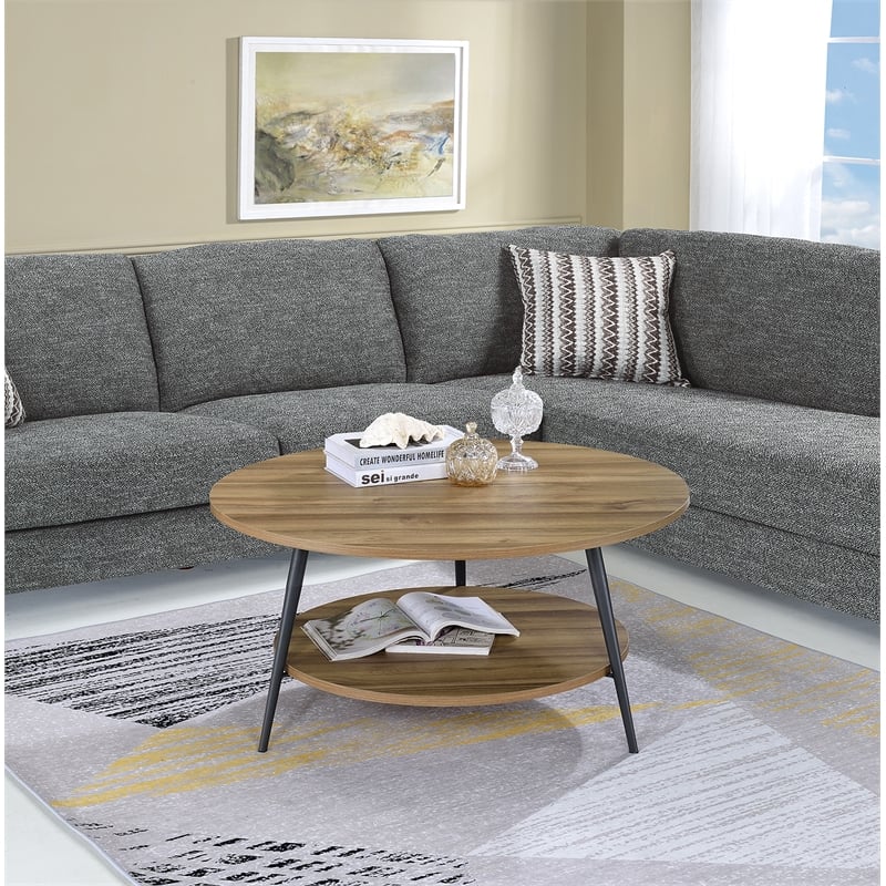 Fox Hill Trading Millenial Lumi 2-Tier Round Coffee Table in Light Wood/Black