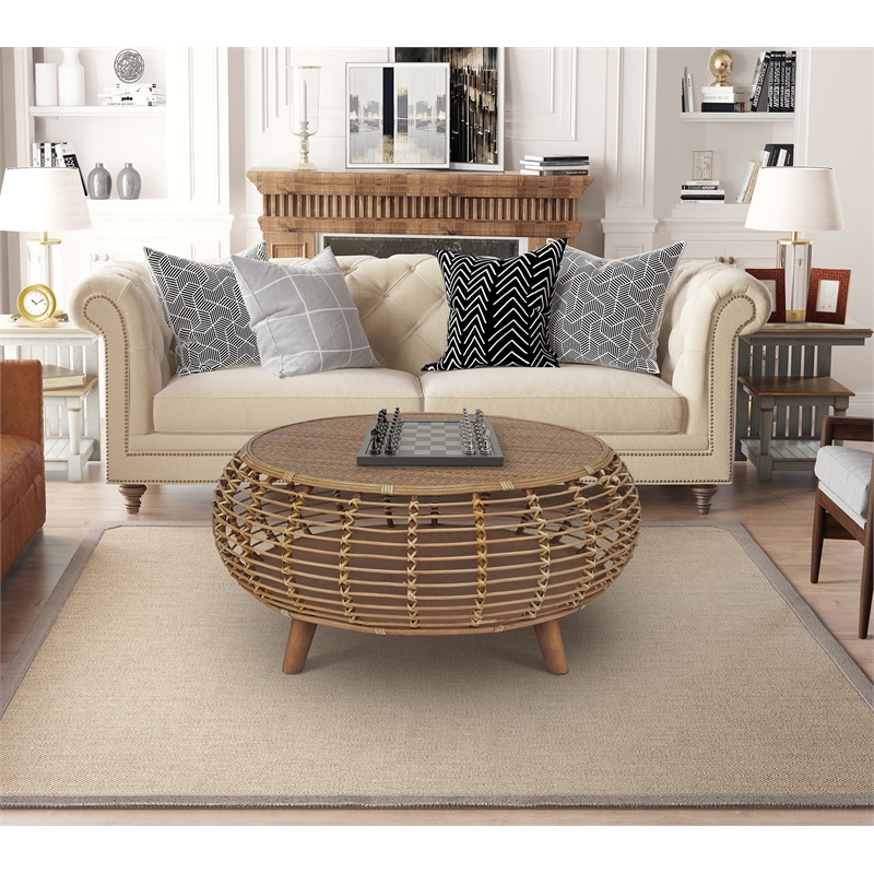 Gallerie Decor Java Transitional Rattan Coffee Table in Natural/Gray