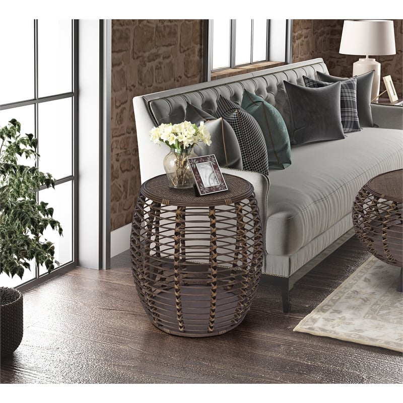 Gallerie Decor Java Transitional Rattan End Table in Espresso/Gray