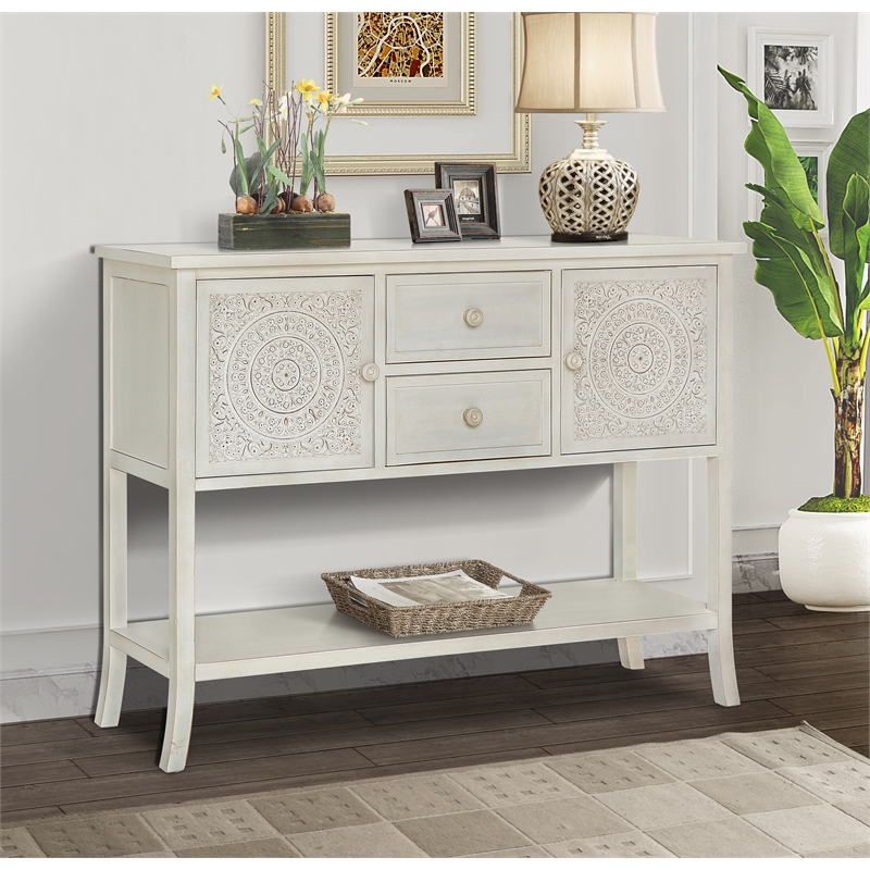Gallerie Decor Antiqued Carved Transitional Wood Console Table in White