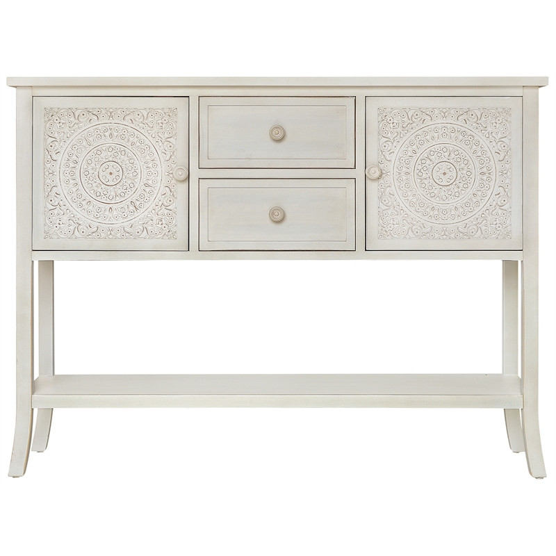 Gallerie Decor Antiqued Carved Transitional Wood Console Table in White