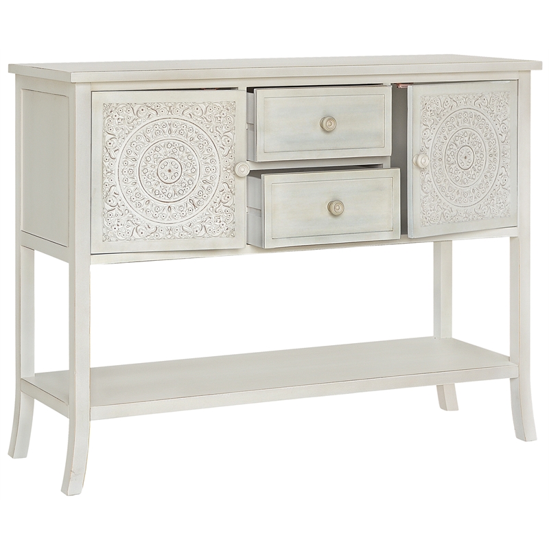 Gallerie Decor Antiqued Carved Transitional Wood Console Table in White