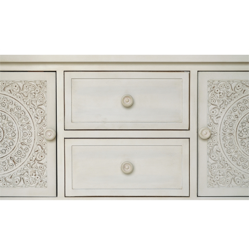 Gallerie Decor Antiqued Carved Transitional Wood Console Table in White