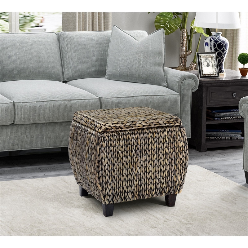 Gallerie Decor Bali Breeze Round Transitional Wood Storage Ottoman in Silver