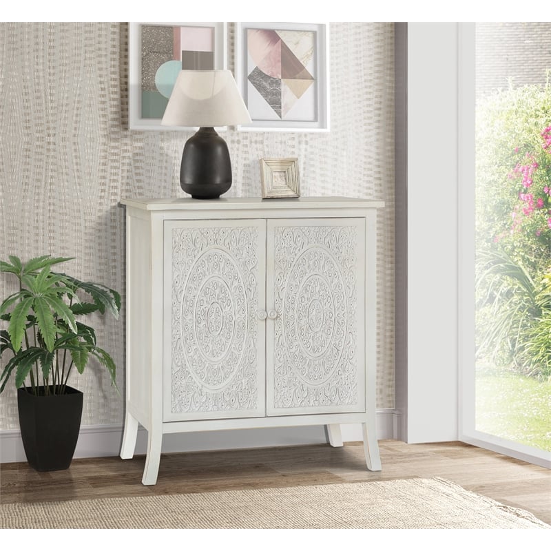Gallerie Decor Antiqued Carved Transitional Wood Cabinet in White