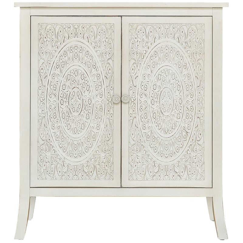 Gallerie Decor Antiqued Carved Transitional Wood Cabinet in White