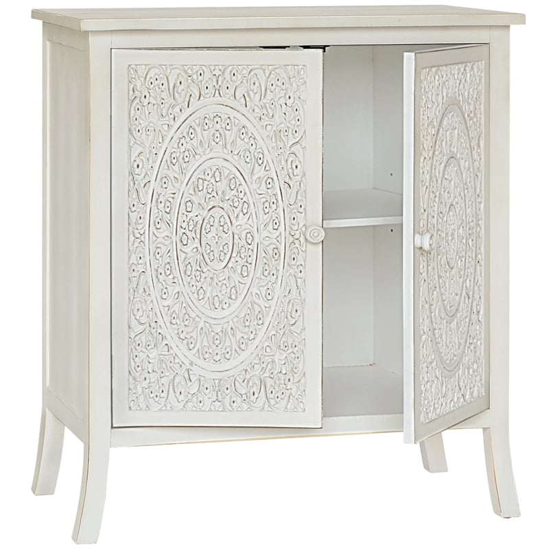 Gallerie Decor Antiqued Carved Transitional Wood Cabinet in White
