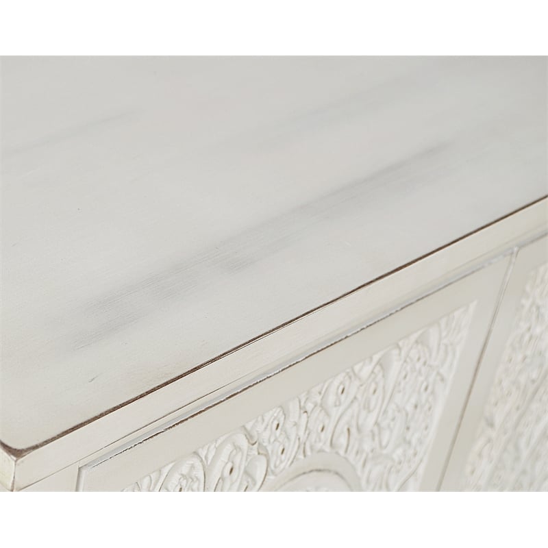 Gallerie Decor Antiqued Carved Transitional Wood Cabinet in White