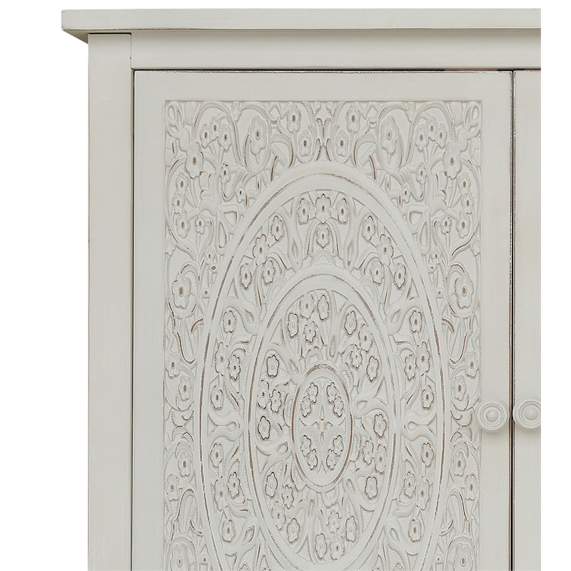 Gallerie Decor Antiqued Carved Transitional Wood Cabinet in White