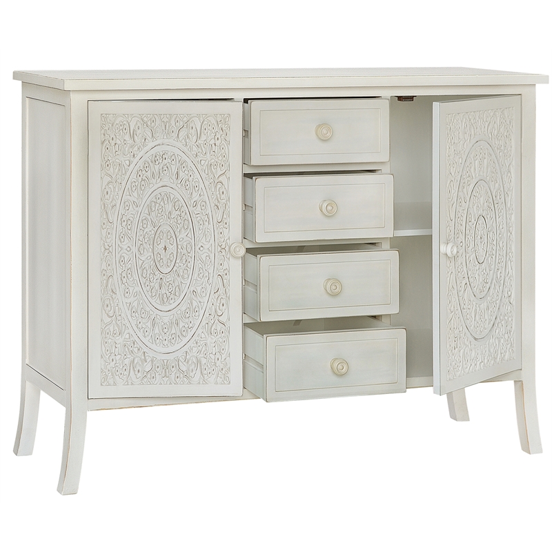 Gallerie Decor Antiqued Carved Large Transitional Wood Cabinet in White