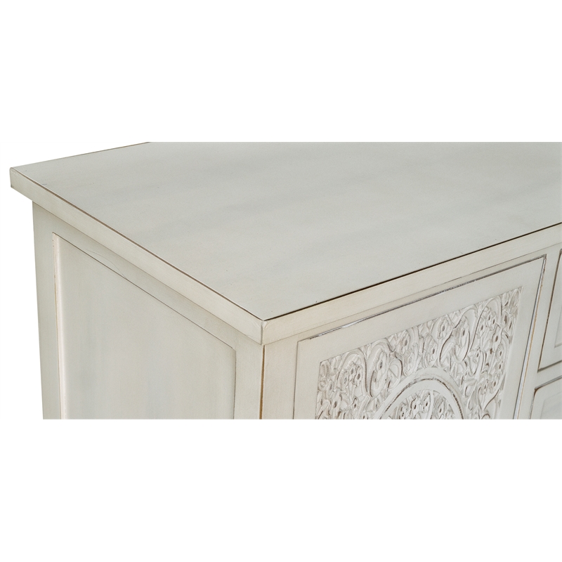 Gallerie Decor Antiqued Carved Large Transitional Wood Cabinet in White