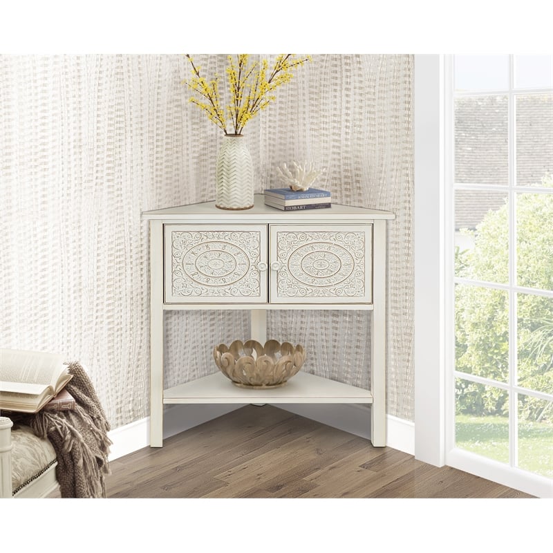 Gallerie Decor Antiqued Carved Transitional Wood Corner Table in White