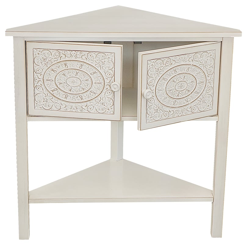 Gallerie Decor Antiqued Carved Transitional Wood Corner Table in White