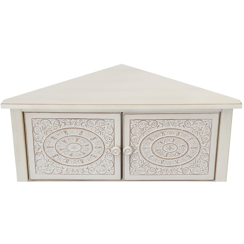 Gallerie Decor Antiqued Carved Transitional Wood Corner Table in White