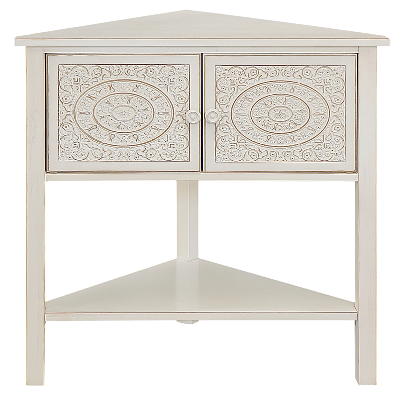 Gallerie Decor Antiqued Carved Transitional Wood Corner Table in White