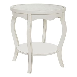 Gallerie Decor Antiqued Carved Transitional Wood/Glass Side Table in White