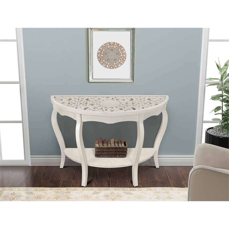 Gallerie Decor Antiqued Carved Transitional Wood/Glass Console Table in White