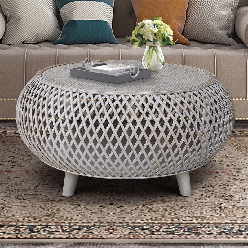 Gallerie Decor Bora Bora Round Transitional Rattan Coffee Table in Whitewashed