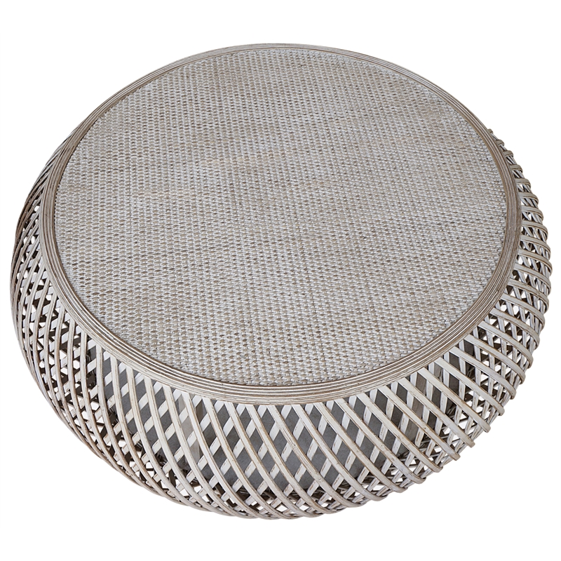 Gallerie Decor Bora Bora Round Transitional Rattan Coffee Table in Whitewashed