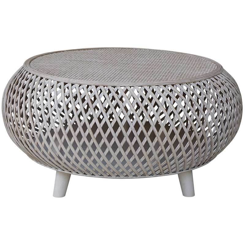 Gallerie Decor Bora Bora Round Transitional Rattan Coffee Table in Whitewashed