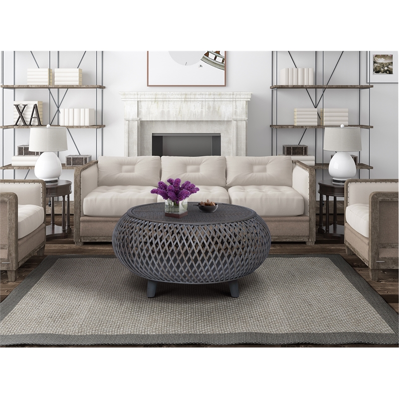 Gallerie Decor Bora Bora Round Transitional Rattan Coffee Table in Gray