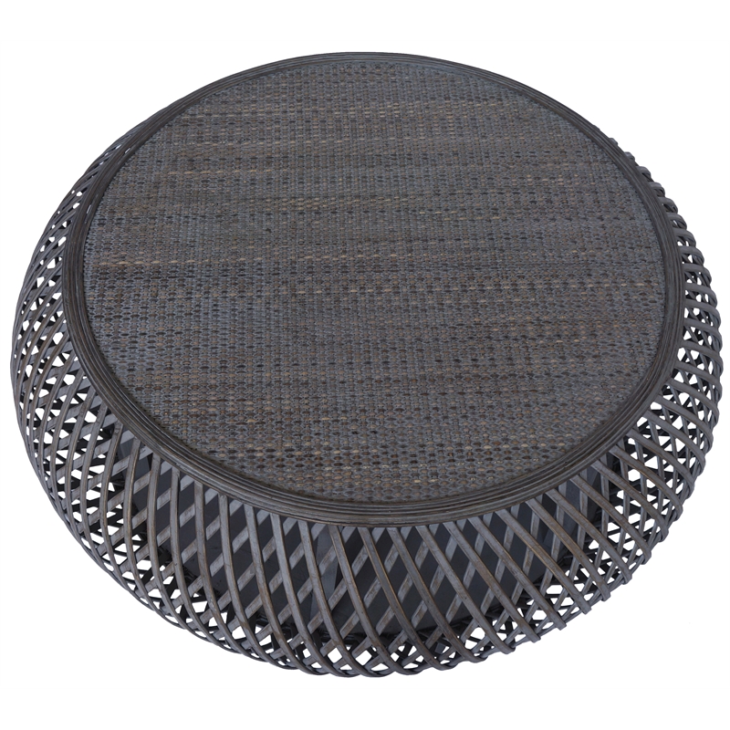 Gallerie Decor Bora Bora Round Transitional Rattan Coffee Table in Gray