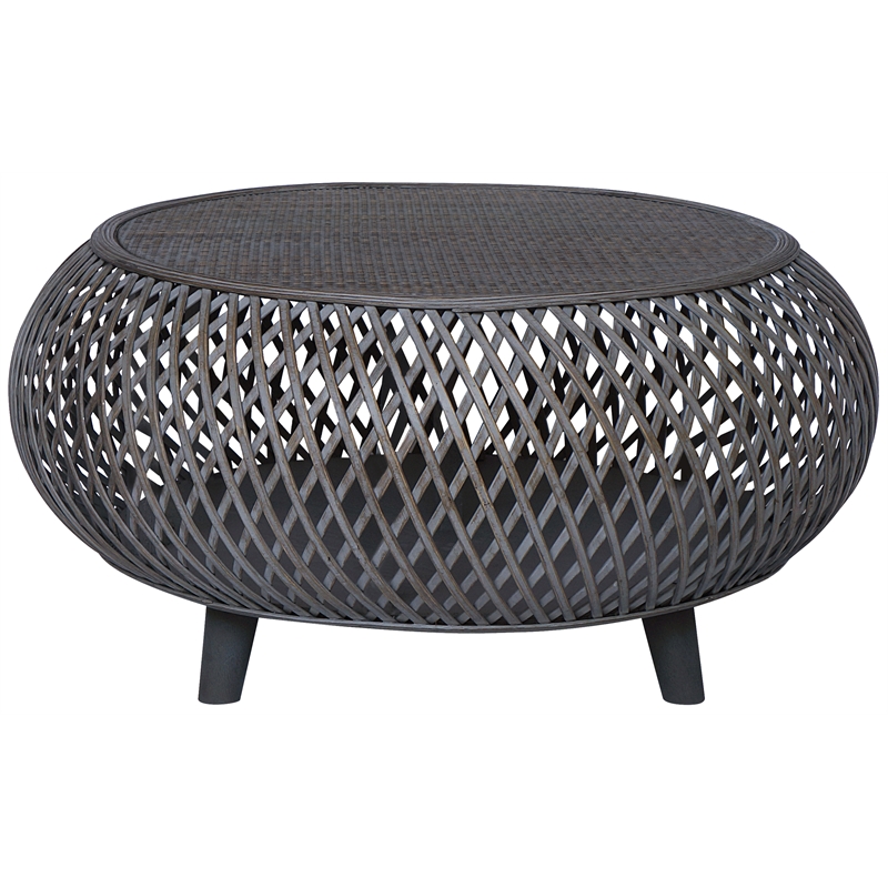 Gallerie Decor Bora Bora Round Transitional Rattan Coffee Table in Gray