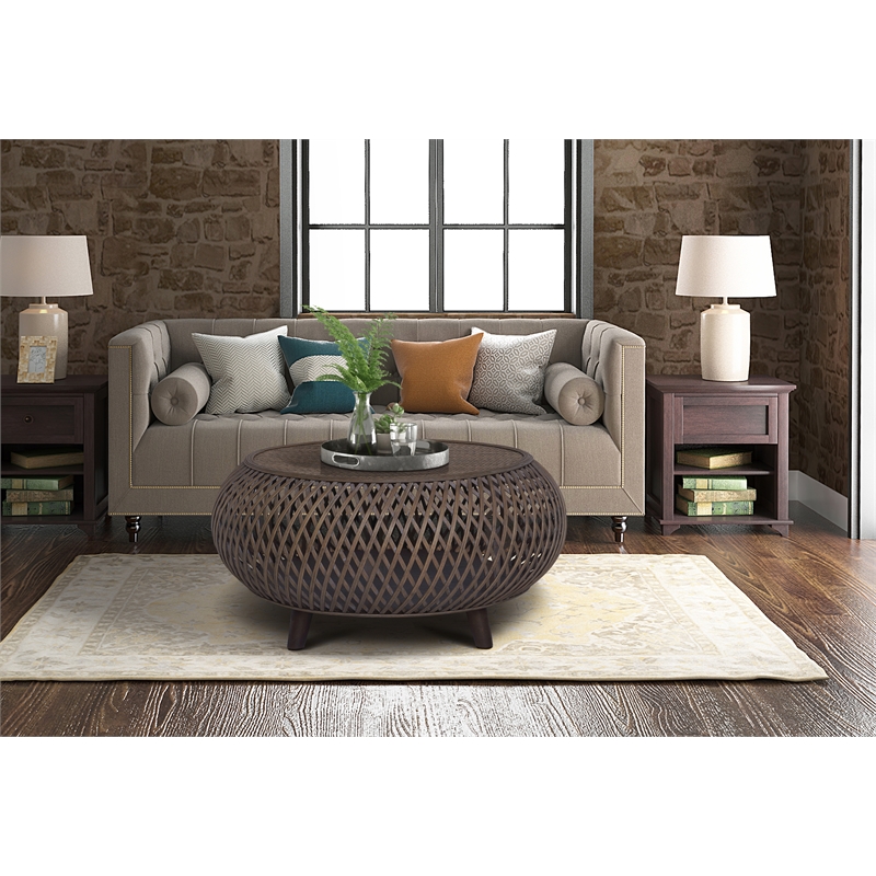 Gallerie Decor Bora Bora Round Transitional Rattan Coffee Table in Walnut