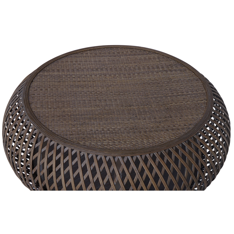 Gallerie Decor Bora Bora Round Transitional Rattan Coffee Table in Walnut