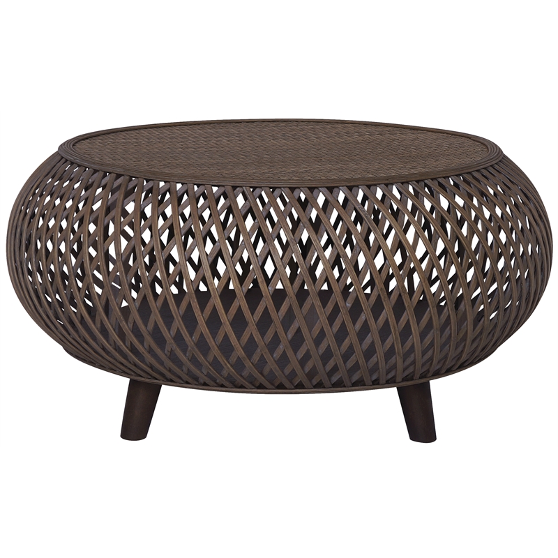 Gallerie Decor Bora Bora Round Transitional Rattan Coffee Table in Walnut